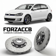ForzaCCB direct OEM replacement carbon ceramic brake rotors for 2014 to 2020 Volkswagen Golf GTE Mk7 5G models, shown with a white Volkswagen Golf GTE car.