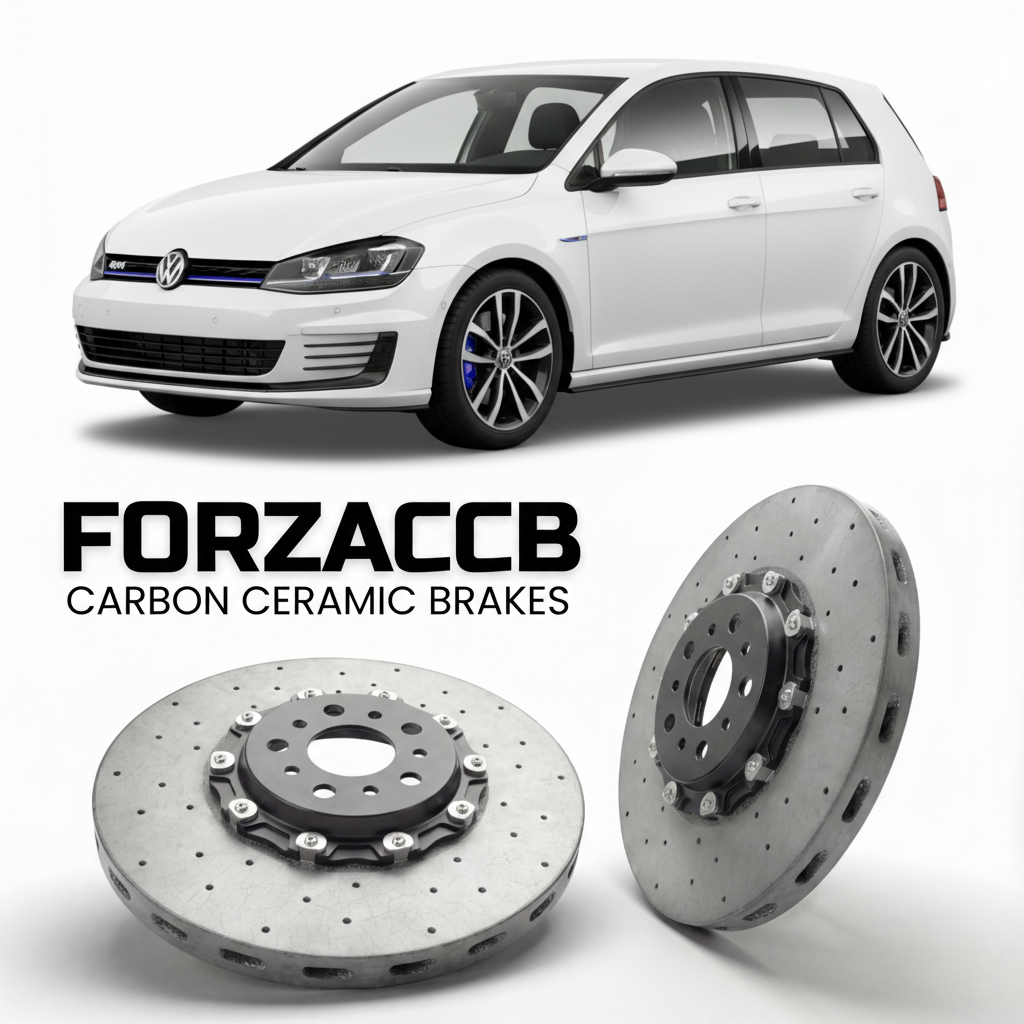 ForzaCCB direct OEM replacement carbon ceramic brake rotors for 2014 to 2020 Volkswagen Golf GTE Mk7 5G models, shown with a white Volkswagen Golf GTE car.