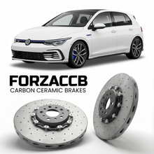 ForzaCCB direct OEM replacement carbon ceramic brake rotors for 2020- Volkswagen Golf GTE Mk8 CD1 models, shown with a white Volkswagen Golf GTE car.