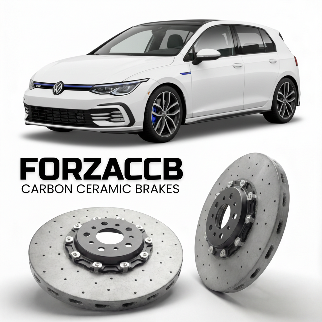ForzaCCB direct OEM replacement carbon ceramic brake rotors for 2020- Volkswagen Golf GTE Mk8 CD1 models, shown with a white Volkswagen Golf GTE car.
