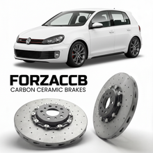 ForzaCCB direct OEM replacement carbon ceramic brake rotors for 2010 to 2012 Volkswagen Golf GTI Mk6 5K models, shown with a white Volkswagen Golf GTI car.