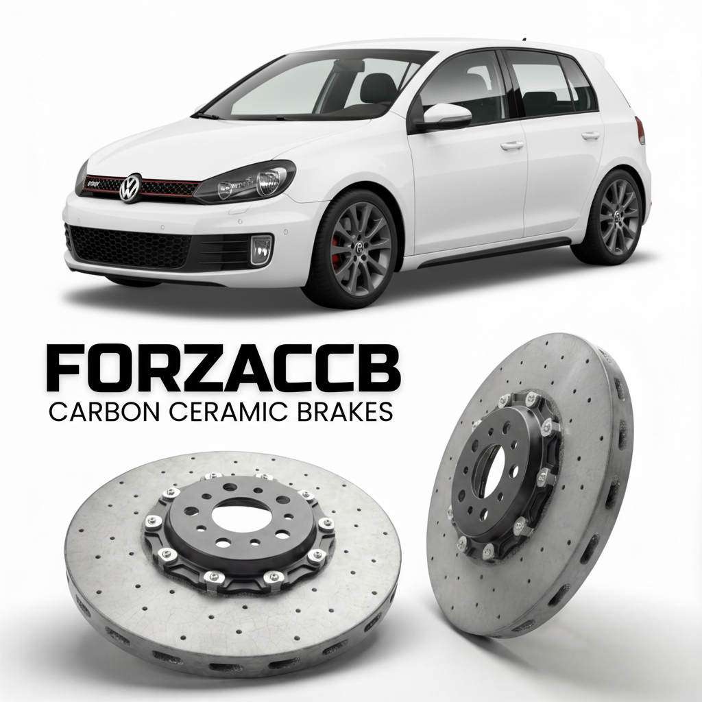 ForzaCCB direct OEM replacement carbon ceramic brake rotors for 2010 to 2012 Volkswagen Golf GTI Mk6 5K models, shown with a white Volkswagen Golf GTI car.