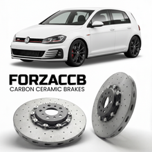 ForzaCCB direct OEM replacement carbon ceramic brake rotors for 2013 to 2019 Volkswagen Golf GTI Mk7 5G models, shown with a white Volkswagen Golf GTI car.