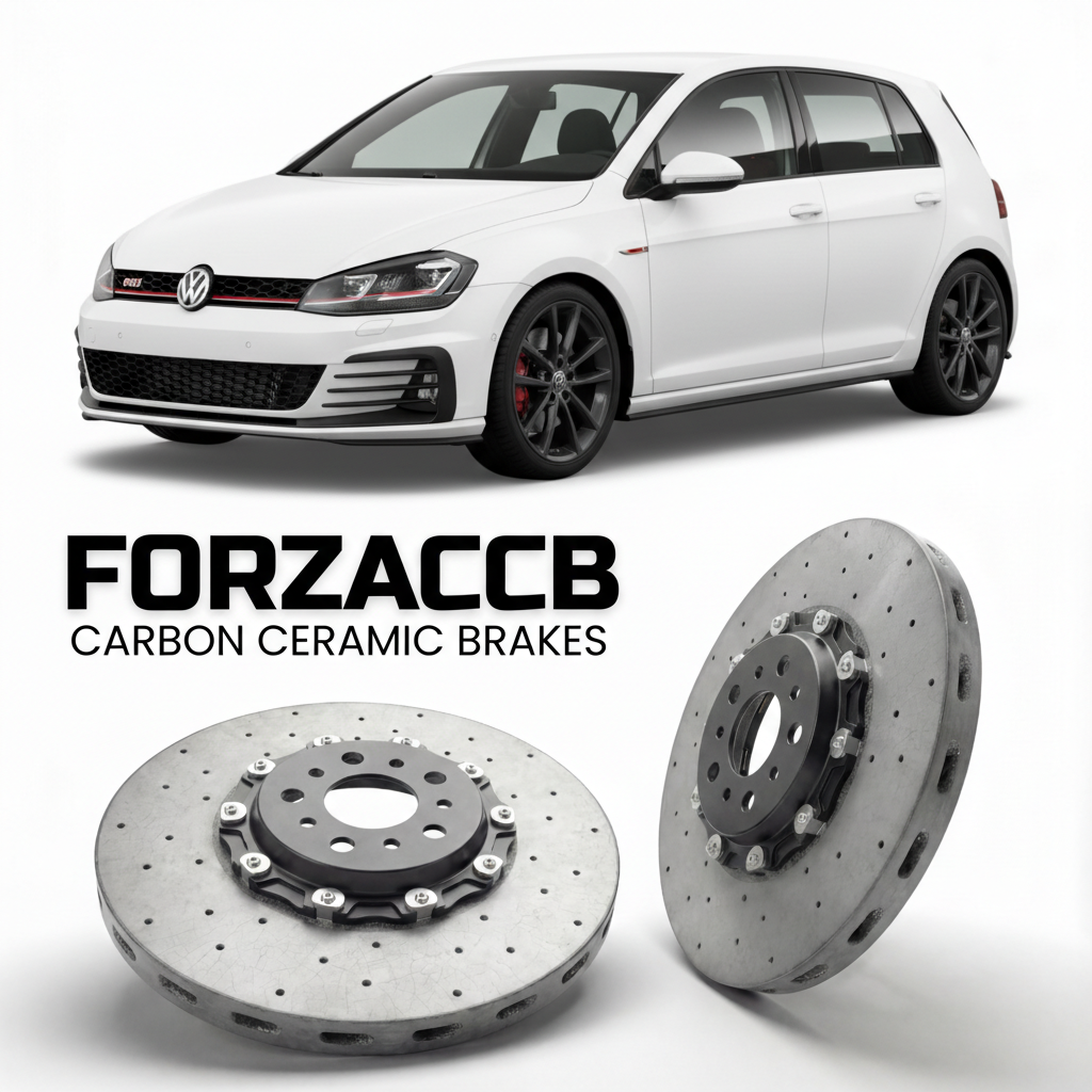 ForzaCCB direct OEM replacement carbon ceramic brake rotors for 2013 to 2019 Volkswagen Golf GTI Mk7 5G models, shown with a white Volkswagen Golf GTI car.