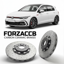 ForzaCCB direct OEM replacement carbon ceramic brake rotors for 2020- Volkswagen Golf GTI Mk8 CD1 models, shown with a white Volkswagen Golf GTI car.