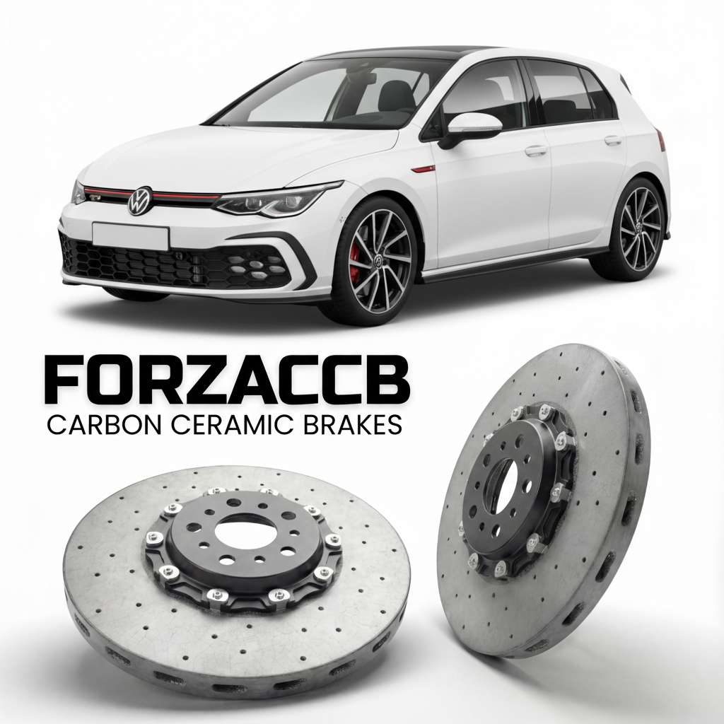ForzaCCB direct OEM replacement carbon ceramic brake rotors for 2020- Volkswagen Golf GTI Mk8 CD1 models, shown with a white Volkswagen Golf GTI car.