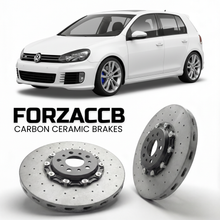 ForzaCCB direct OEM replacement carbon ceramic brake rotors for 2010 to 2012 Volkswagen Golf R Mk6 5K models, shown with a white Volkswagen Golf R car.
