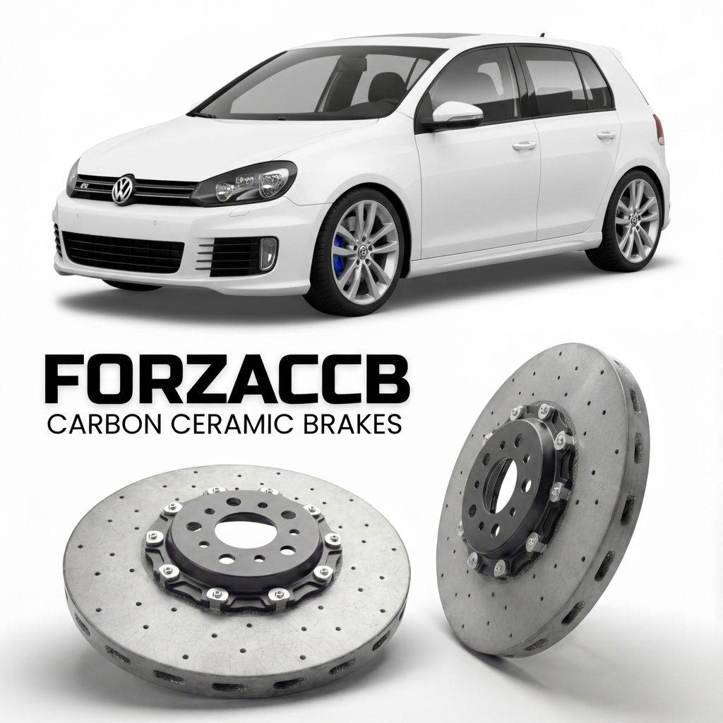 ForzaCCB direct OEM replacement carbon ceramic brake rotors for 2010 to 2012 Volkswagen Golf R Mk6 5K models, shown with a white Volkswagen Golf R car.