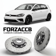 ForzaCCB direct OEM replacement carbon ceramic brake rotors for 2014 to 2019 Volkswagen Golf R Mk7 5G models, shown with a white Volkswagen Golf R car.