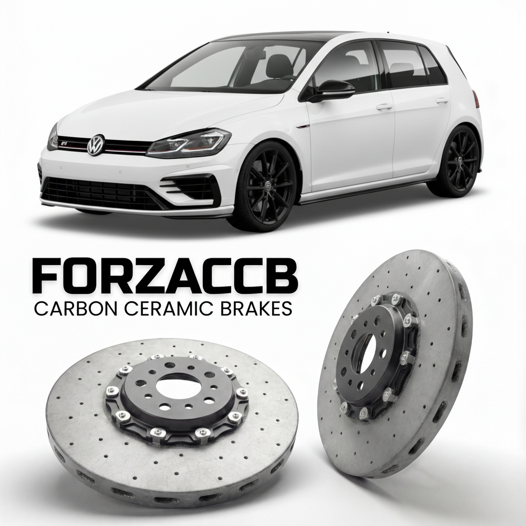 ForzaCCB direct OEM replacement carbon ceramic brake rotors for 2014 to 2019 Volkswagen Golf R Mk7 5G models, shown with a white Volkswagen Golf R car.