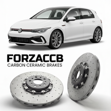 ForzaCCB direct OEM replacement carbon ceramic brake rotors for 2020- Volkswagen Golf R Mk8 CD1 models, shown with a white Volkswagen Golf R car.