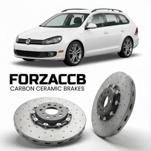 ForzaCCB direct OEM replacement carbon ceramic brake rotors for 2010 to 2012 Volkswagen Golf Variant Mk6 5K models, shown with a white Volkswagen Golf Variant car.