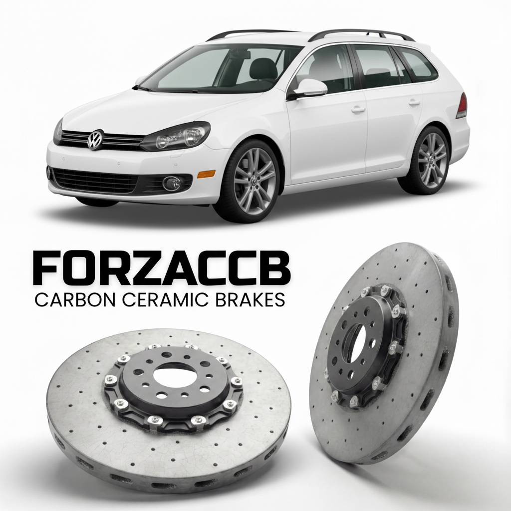 ForzaCCB direct OEM replacement carbon ceramic brake rotors for 2010 to 2012 Volkswagen Golf Variant Mk6 5K models, shown with a white Volkswagen Golf Variant car.