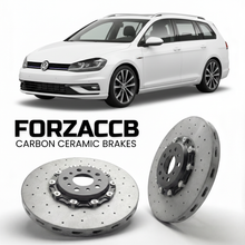 ForzaCCB direct OEM replacement carbon ceramic brake rotors for 2013 to 2020 Volkswagen Golf Variant Mk7 5G models, shown with a white Volkswagen Golf Variant car.