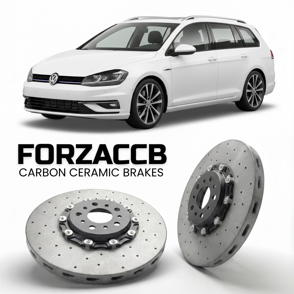 ForzaCCB direct OEM replacement carbon ceramic brake rotors for 2013 to 2020 Volkswagen Golf Variant Mk7 5G models, shown with a white Volkswagen Golf Variant car.