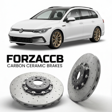 ForzaCCB direct OEM replacement carbon ceramic brake rotors for 2020- Volkswagen Golf Variant Mk8 CD1 models, shown with a white Volkswagen Golf Variant car.