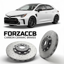 ForzaCCB direct OEM replacement carbon ceramic brake rotors for 2023 and newer Toyota GR Corolla E210 models, shown with a white Toyota GR Corolla car.