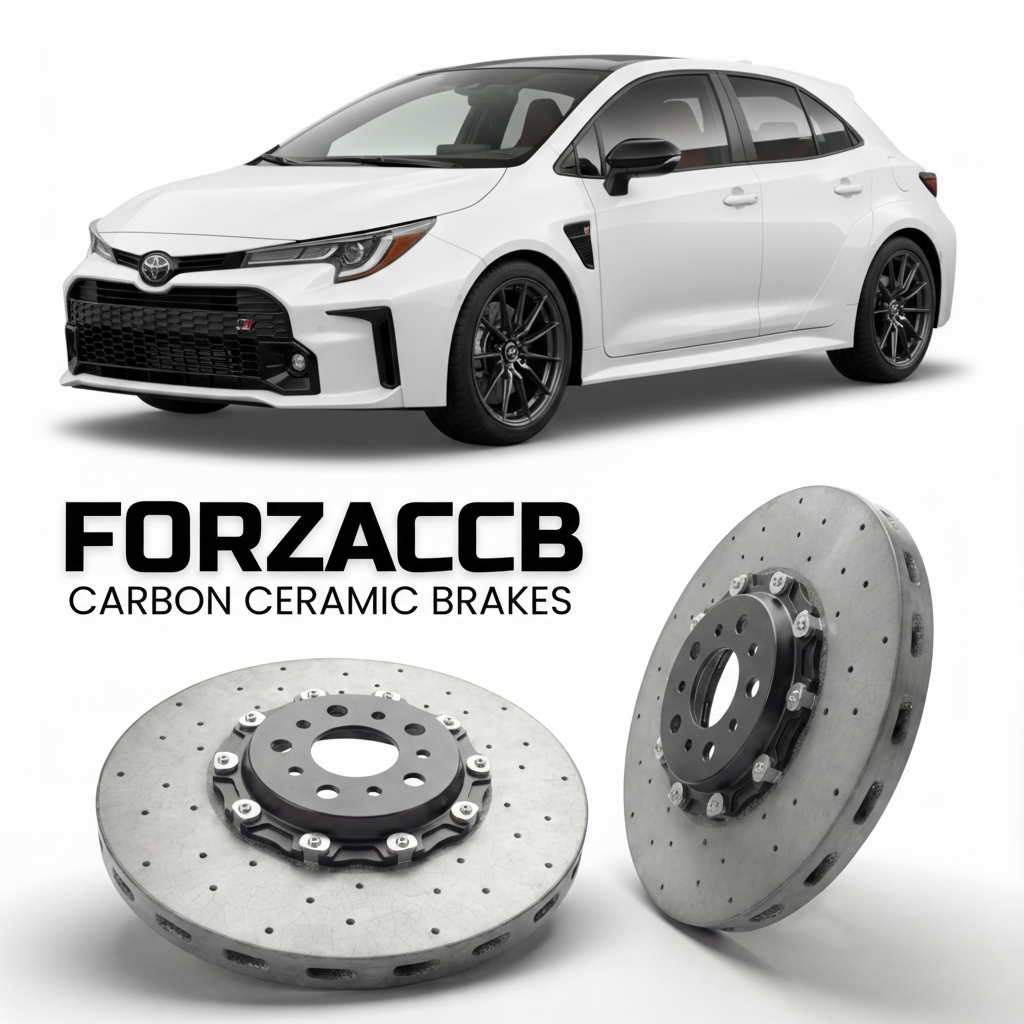 ForzaCCB direct OEM replacement carbon ceramic brake rotors for 2023 and newer Toyota GR Corolla E210 models, shown with a white Toyota GR Corolla car.