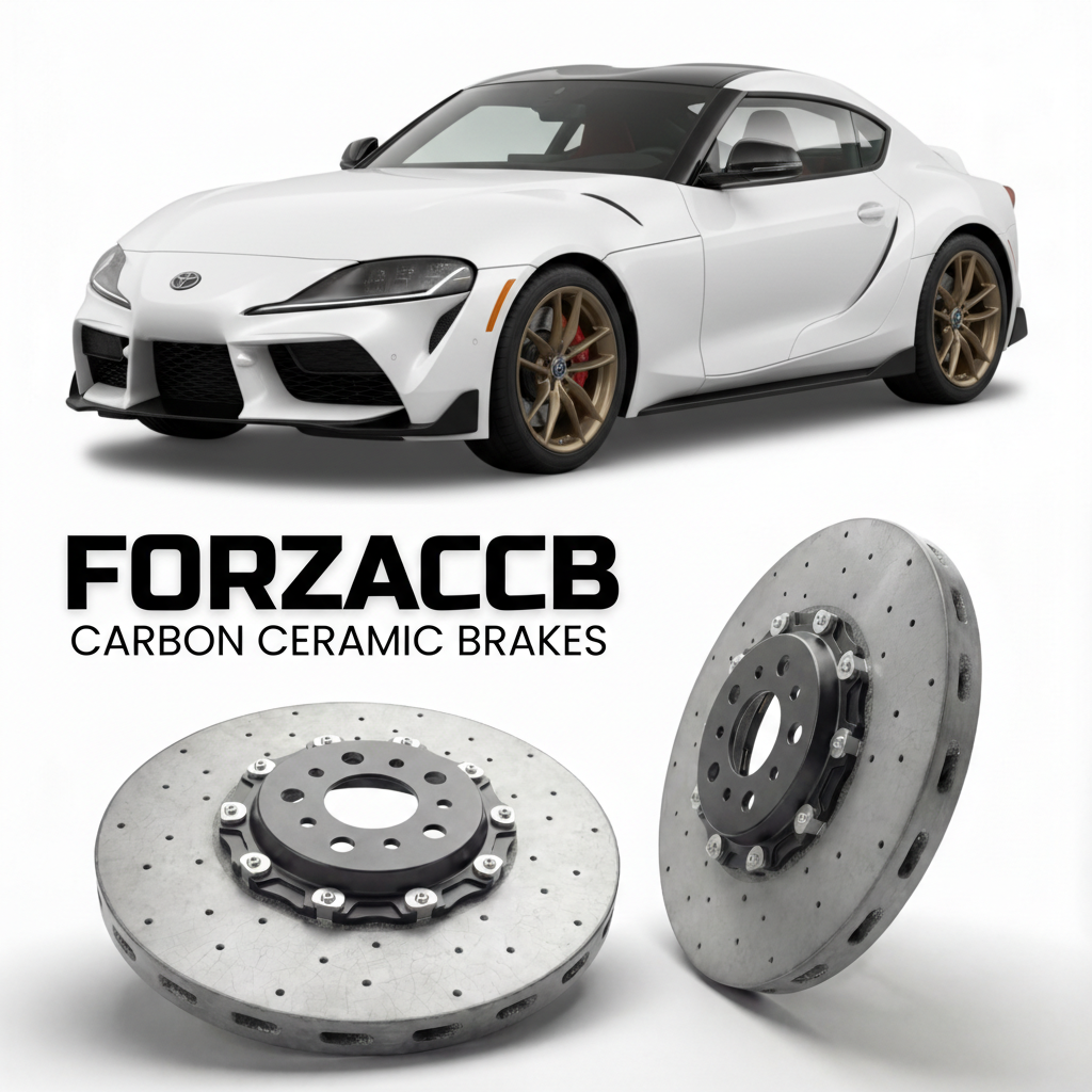 ForzaCCB direct OEM replacement carbon ceramic brake rotors for 2019 and newer Toyota GR Supra A90 models, shown with a white Toyota GR Supra car.
