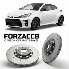ForzaCCB direct OEM replacement carbon ceramic brake rotors for 2020 and newer Toyota GR Yaris XP210 models, shown with a white Toyota GR Yaris car.