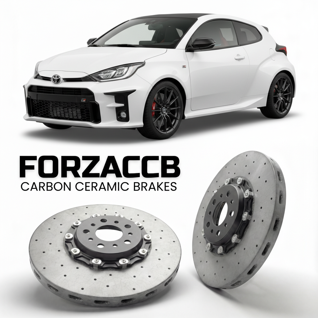 ForzaCCB direct OEM replacement carbon ceramic brake rotors for 2020 and newer Toyota GR Yaris XP210 models, shown with a white Toyota GR Yaris car.