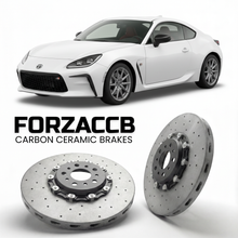 ForzaCCB direct OEM replacement carbon ceramic brake rotors for 2022 and newer Toyota GR86 ZN8 models, shown with a white Toyota GR86 car.