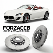 ForzaCCB direct OEM replacement carbon ceramic brake rotors for 2024 and newer Maserati GranCabrio II M189 models, shown with a white Maserati GranCabrio II car.