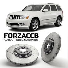 ForzaCCB direct OEM replacement carbon ceramic brake rotors for 2005-2010) Jeep Grand Cherokee III (WK models, shown with a white Jeep Grand Cherokee car.