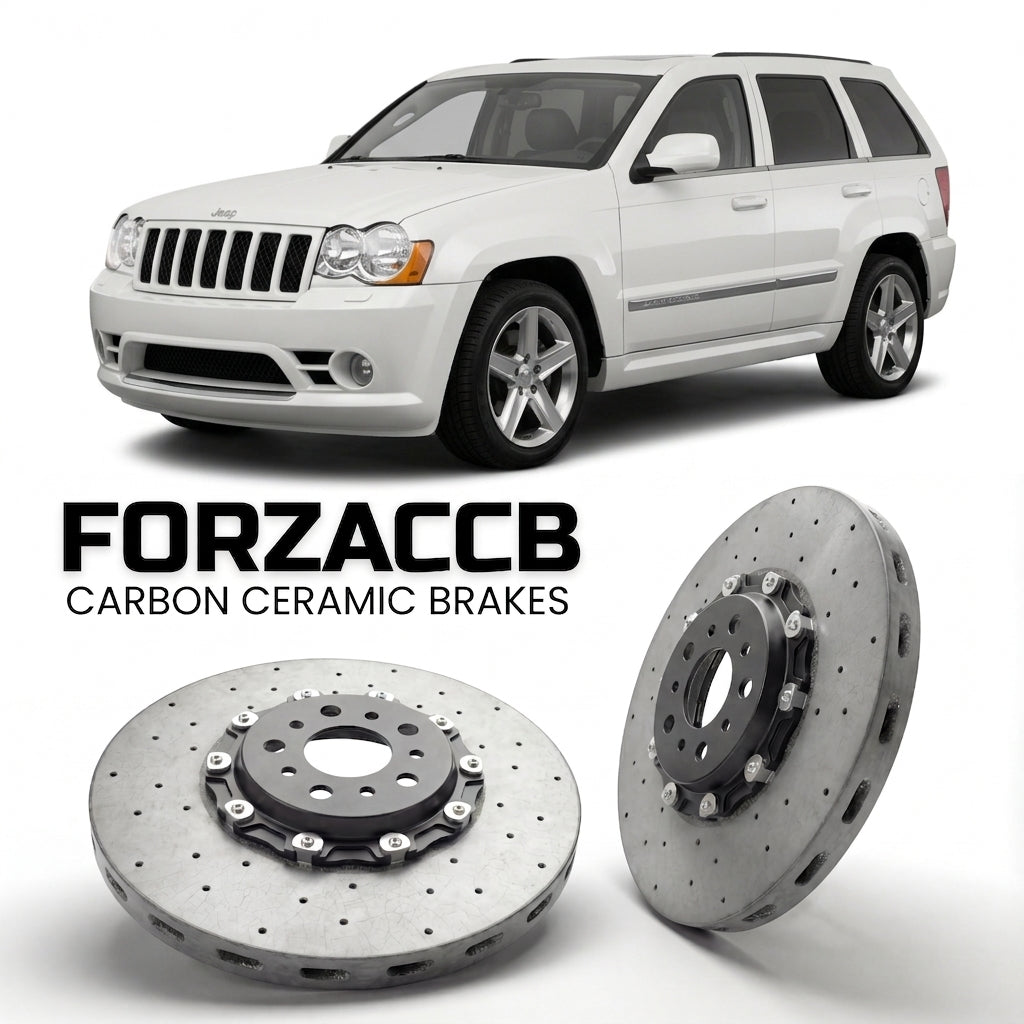 ForzaCCB direct OEM replacement carbon ceramic brake rotors for 2005-2010) Jeep Grand Cherokee III (WK models, shown with a white Jeep Grand Cherokee car.