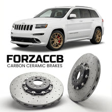 ForzaCCB direct OEM replacement carbon ceramic brake rotors for 2010-2013) Jeep Grand Cherokee IV (WK2 models, shown with a white Jeep Grand Cherokee car.