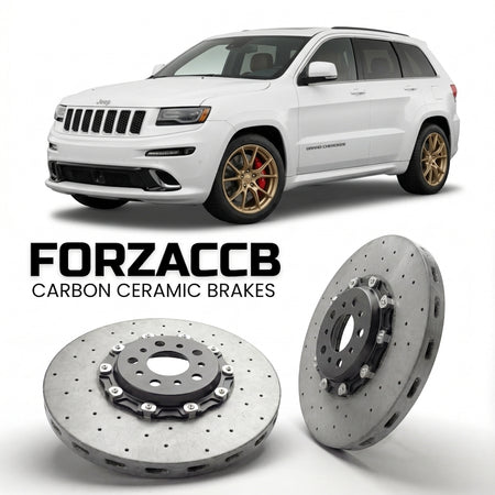 ForzaCCB direct OEM replacement carbon ceramic brake rotors for 2010-2013) Jeep Grand Cherokee IV (WK2 models, shown with a white Jeep Grand Cherokee car.