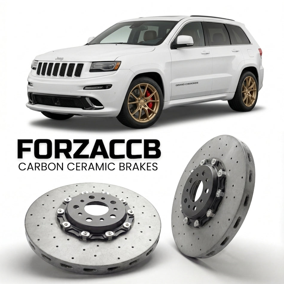 ForzaCCB direct OEM replacement carbon ceramic brake rotors for 2010-2013) Jeep Grand Cherokee IV (WK2 models, shown with a white Jeep Grand Cherokee car.