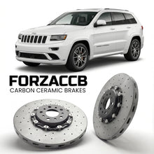 ForzaCCB direct OEM replacement carbon ceramic brake rotors for 2013-2017) Jeep Grand Cherokee IV (WK2, facelift 2013 models, shown with a white Jeep Grand Cherokee car.