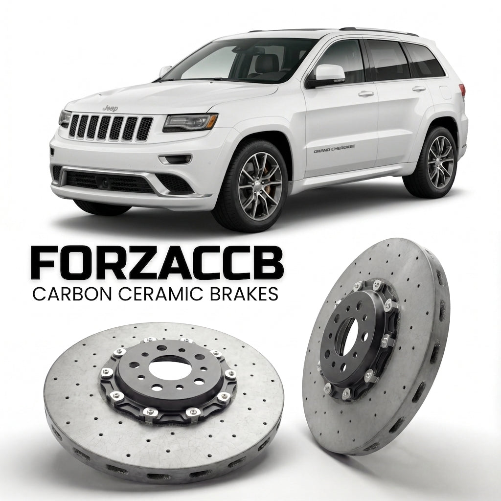 ForzaCCB direct OEM replacement carbon ceramic brake rotors for 2013-2017) Jeep Grand Cherokee IV (WK2, facelift 2013 models, shown with a white Jeep Grand Cherokee car.