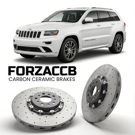 ForzaCCB direct OEM replacement carbon ceramic brake rotors for 2013-2017) Jeep Grand Cherokee IV (WK2, facelift 2013 models, shown with a white Jeep Grand Cherokee car.