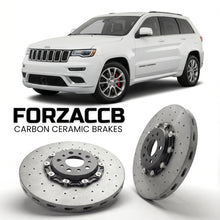 ForzaCCB direct OEM replacement carbon ceramic brake rotors for 2017-2022) Jeep Grand Cherokee IV (WK2, facelift 2017 models, shown with a white Jeep Grand Cherokee car.