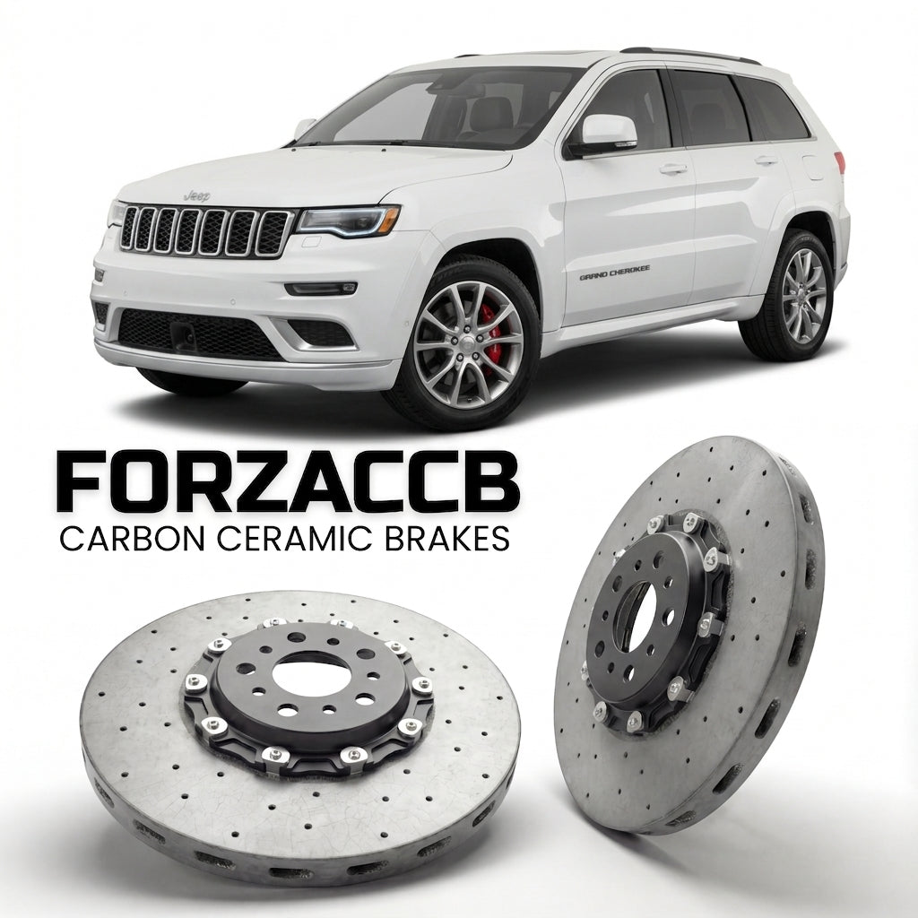ForzaCCB direct OEM replacement carbon ceramic brake rotors for 2017-2022) Jeep Grand Cherokee IV (WK2, facelift 2017 models, shown with a white Jeep Grand Cherokee car.