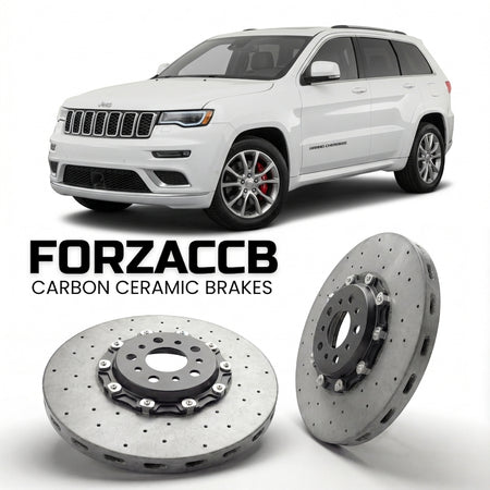 ForzaCCB direct OEM replacement carbon ceramic brake rotors for 2017-2022) Jeep Grand Cherokee IV (WK2, facelift 2017 models, shown with a white Jeep Grand Cherokee car.