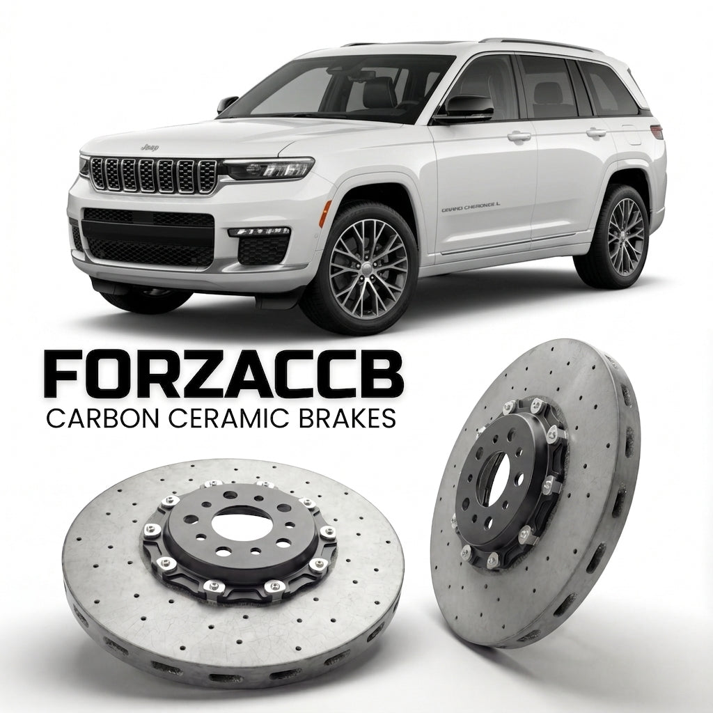 ForzaCCB direct OEM replacement carbon ceramic brake rotors for 2021+) Jeep Grand Cherokee L V (WL models, shown with a white Jeep Grand Cherokee car.