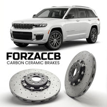 ForzaCCB direct OEM replacement carbon ceramic brake rotors for 2021+) Jeep Grand Cherokee L V (WL models, shown with a white Jeep Grand Cherokee car.