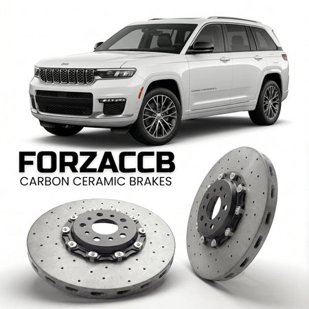 ForzaCCB direct OEM replacement carbon ceramic brake rotors for 2021+) Jeep Grand Cherokee L V (WL models, shown with a white Jeep Grand Cherokee car.