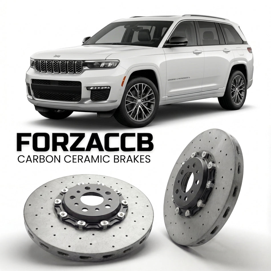 ForzaCCB direct OEM replacement carbon ceramic brake rotors for 2021+) Jeep Grand Cherokee L V (WL models, shown with a white Jeep Grand Cherokee car.