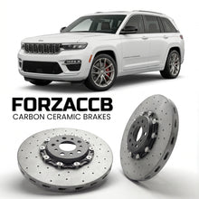 ForzaCCB direct OEM replacement carbon ceramic brake rotors for 2021+) Jeep Grand Cherokee V (WL models, shown with a white Jeep Grand Cherokee car.
