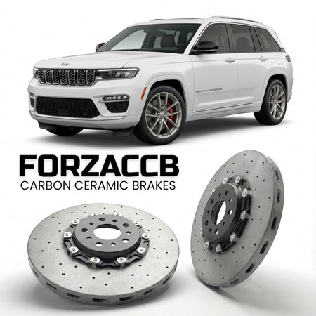 ForzaCCB direct OEM replacement carbon ceramic brake rotors for 2021+) Jeep Grand Cherokee V (WL models, shown with a white Jeep Grand Cherokee car.