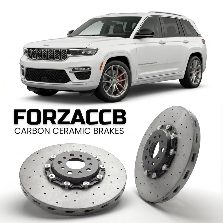 ForzaCCB direct OEM replacement carbon ceramic brake rotors for 2021+) Jeep Grand Cherokee V (WL models, shown with a white Jeep Grand Cherokee car.