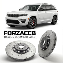 ForzaCCB direct OEM replacement carbon ceramic brake rotors for 2025+) Jeep Grand Cherokee L V (WL, facelift 2025 models, shown with a white Jeep Grand Cherokee car.