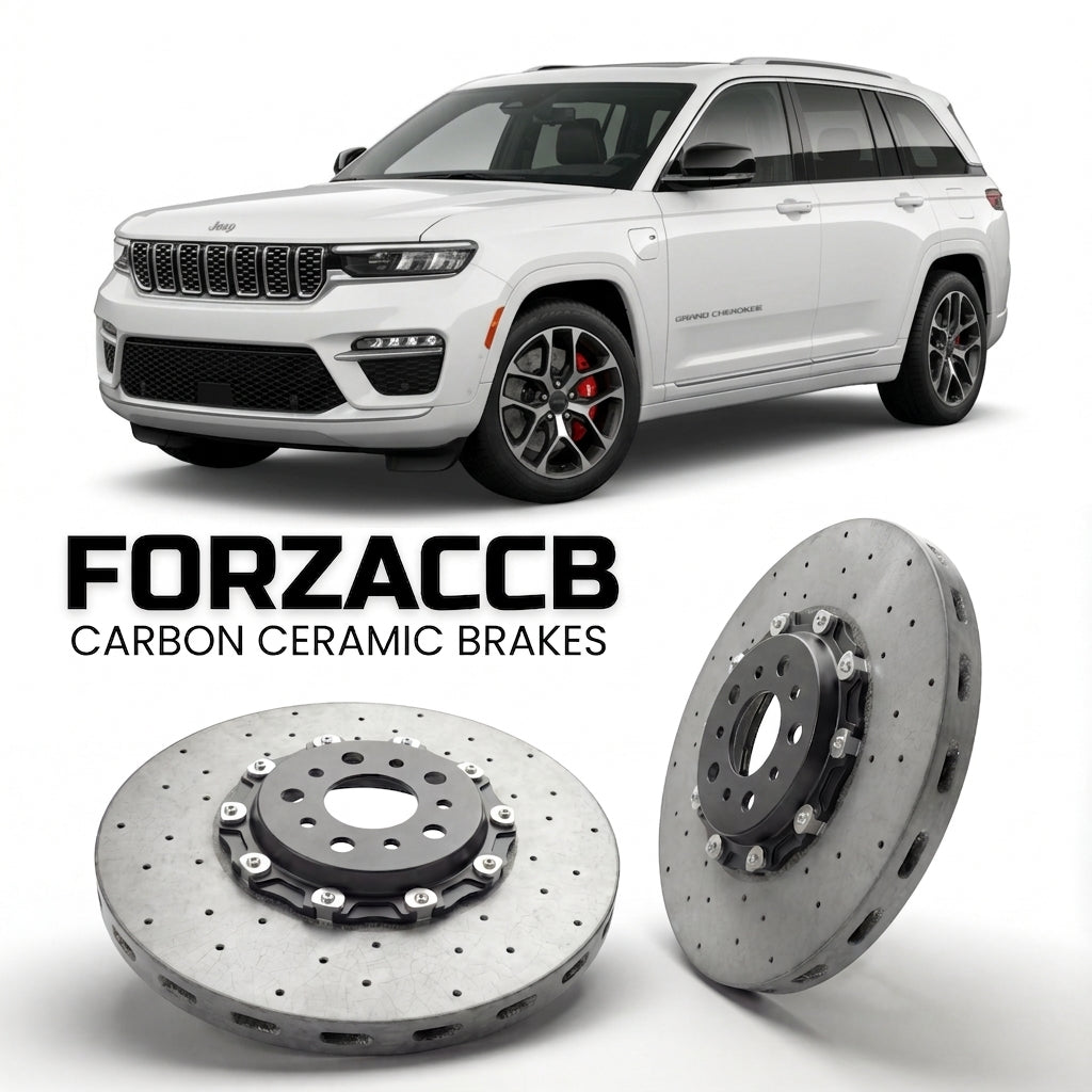 ForzaCCB direct OEM replacement carbon ceramic brake rotors for 2025+) Jeep Grand Cherokee L V (WL, facelift 2025 models, shown with a white Jeep Grand Cherokee car.