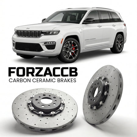 ForzaCCB direct OEM replacement carbon ceramic brake rotors for 2025+) Jeep Grand Cherokee L V (WL, facelift 2025 models, shown with a white Jeep Grand Cherokee car.