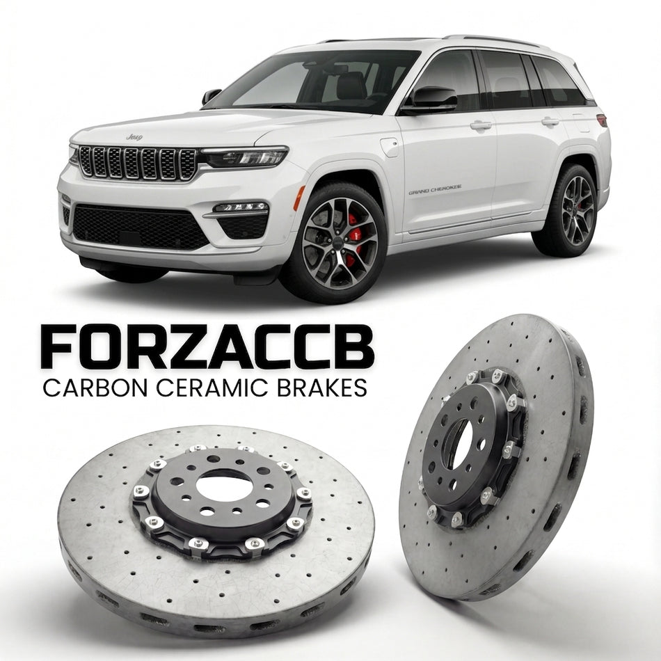 ForzaCCB direct OEM replacement carbon ceramic brake rotors for 2025+) Jeep Grand Cherokee L V (WL, facelift 2025 models, shown with a white Jeep Grand Cherokee car.