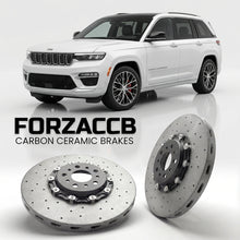 ForzaCCB direct OEM replacement carbon ceramic brake rotors for 2025+) Jeep Grand Cherokee V (WL, facelift 2025 models, shown with a white Jeep Grand Cherokee car.